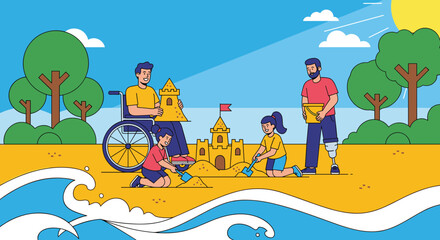 Obraz premium Happy family with disabilities building a sandcastle together on a sunny beach day.