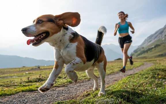 A happy beagle dog running on a mountain trail with its owner enjoying a morning jog