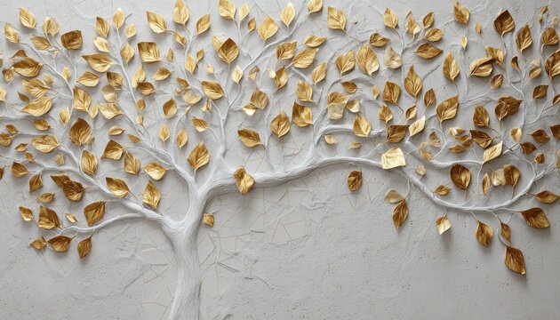 A luxurious golden leaf tree with intricate details stands out, creating a sophisticated and elegant botanical design perfect for upscale interiors and artistic projects.