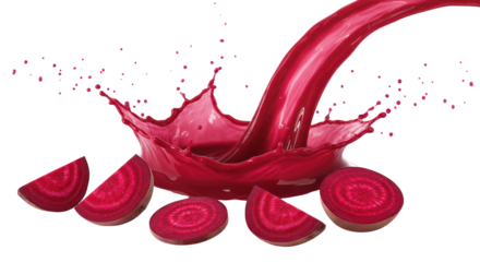 Vibrant Red Beetroot Juice Pouring Creating A Splash With Sliced Beetroot Pieces on Transparent Background