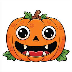 Orange pumpkin with a happy face for Halloween and Thanksgiving autumn occasions. October festival decoration element in line art hand drawn style.