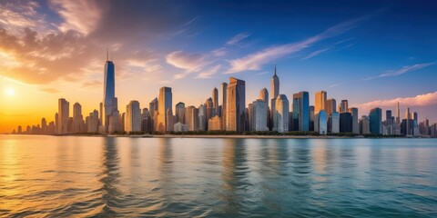 Obraz premium Panoramic view of Chicago skyline with Lake Michigan at sunset