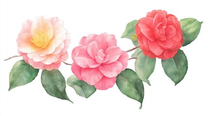 A watercolor painting with pink and red camellias, green leaves on a white background, showing floral art and natural beauty.