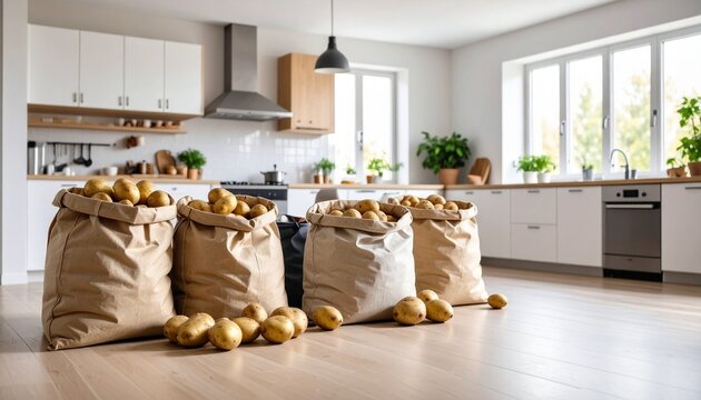Kentang yang baru dipanen dalam karung goni di atas meja dapur kayu, diterangi cahaya alami.	