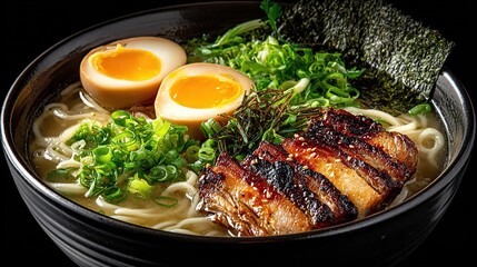 Bowl of flavorful ramen with pork, egg, and seaweed