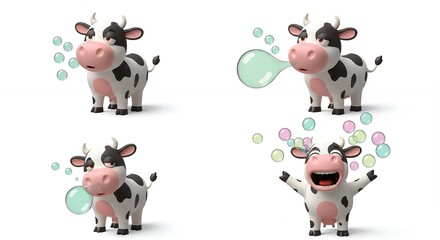 Obraz premium Cartoon cow with bubbles four poses
