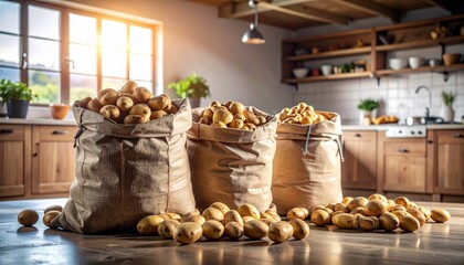 tumpukan sayur kentang  di dalam karung  dan berserakan di dalam dapur