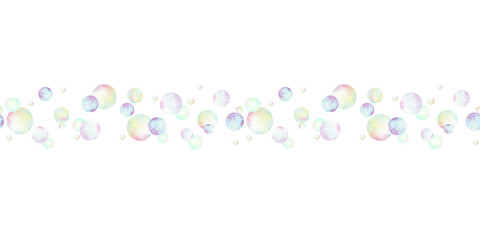Seamless border, horizontal endless pattern, ornament, banner, background of bead, pearl, bubble, circle, decorative illustration isolated from background Hand drawn watercolor repeating object