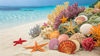 Bright starfish, colorful shells, and coral fragments scattered on golden beach sand.