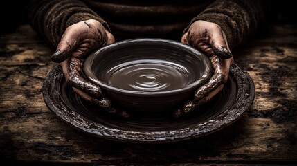 Hands Shaping Clay Bowl: Pottery Craft, Rustic Texture, Moody Lighting, Art.
