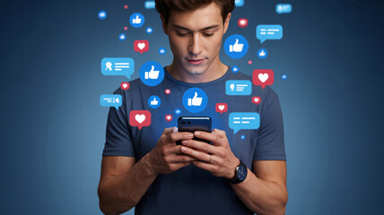 Man looking at smartphone surrounded by social media icons and notifications mobile phone likes