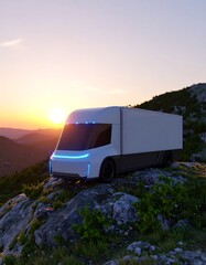 Obraz premium Futuristic electric truck on mountaintop at sunset