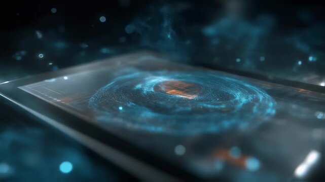 Complex swirling blue hologram emerging from digital tablet, representing data analysis, processing, and innovative technology in a dark, high tech environment