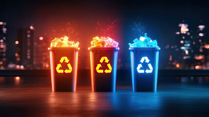 Recycling bins illuminated with vibrant colors, showcasing futuristic urban setting. bins represent eco friendly practices