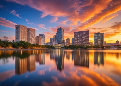 Orlando skyline reflected on Lake Eola at sunset with sky turning orange and pink hues