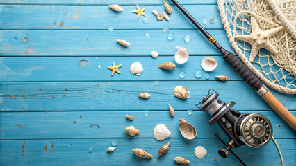 Sea-themed setup with blue wooden floor, scattered shells, and fishing equipment, ideal for marine concept designs.