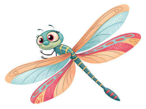 Whimsical cartoon dragonfly with colorful wings on a black background