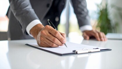 Close-up shot of a person in a suit writing on a document placed on a clipboard on a desk, showcasing focus and attention to detail.