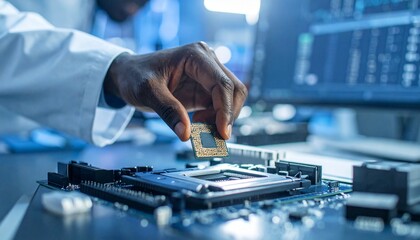 Computer Component Installation: Technician installs CPU onto motherboard socket for data processing in a high-tech laboratory setting.
