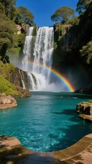Spectacular Waterfall with Rainbow Over Turquoise Pool