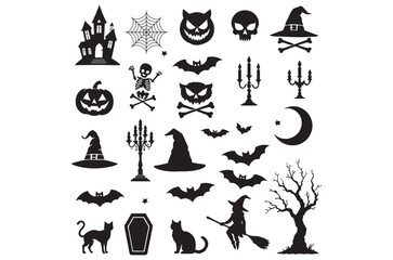 Halloween Silhouette Set – Ghosts, Bats, Pumpkins, Witch Hat and Broomstick Vector Illustration, Halloween vector, eps, halloween icon