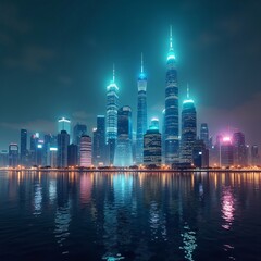 Obraz premium Futuristic cityscape skyline with illuminated skyscrapers reflected in water at night, modern architecture urban lights