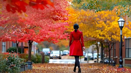Woman in vibrant red coat walking on autumn street with colorful trees and falling leaves for seasonal promotion travel blog lifestyle content and nostalgic fall atmosphere concept