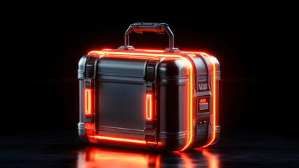 Futuristic black case with glowing red accents, showcasing sleek design and advanced technology. This innovative package