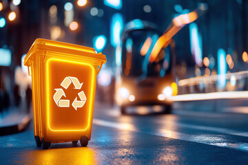 Glowing recycling bin stands on city street at night, illuminated by vibrant lights, symbolizing sustainability and urban life