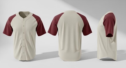 Baseball jersey mockup with maroon raglan sleeves. Front, back, and side view of a blank sports shirt template for design.