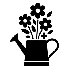 Watering can filled with blooming flowers icon with transparent background in black and white style
