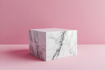 Elegant marble cube pedestal on pastel pink background, perfect for product showcase and luxury display