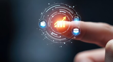 Finger Interacting with Futuristic Digital Financial Growth Interface