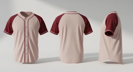 Blank baseball jersey mockup with front, back, and side views. Button-up sportswear template in maroon and beige for design presentation.