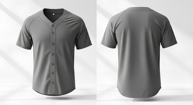 Plain grey baseball jersey mockup template shown from front and back view. Blank sportswear for design presentation. - Powered by Adobe