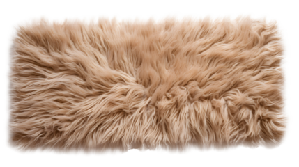A rectangular beige sheepskin rug with long fluffy fibers