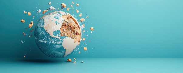 Artistic surreal concept of Earth breaking apart, showcasing fragments and vibrant blue background, evoking sense of wonder
