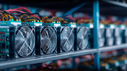 Row of Synchronized Crypto Miners in Data Farm.
Emphasizes scalable infrastructure fueling decentralized currency networks worldwide.
