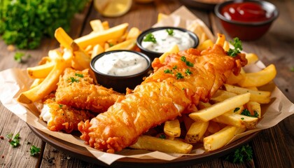 Delicious Crispy Fish and Chips with Dipping Sauces