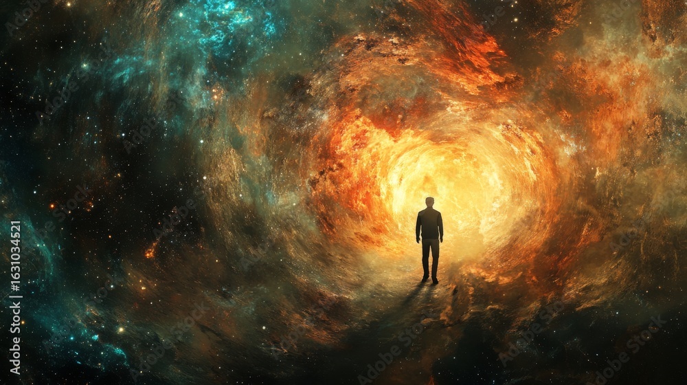 Wall mural man standing in front of a glowing portal in a vast, colorful galaxy. a powerful and symbolic image 