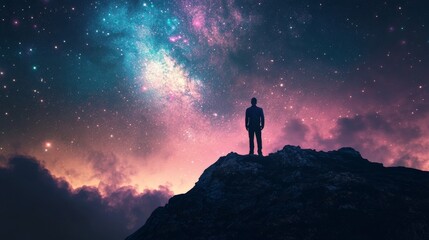 Silhouette of a man standing on a mountain top, looking up at a starry sky. The stars are vivid, full of color, and suggest a beautiful night sky.