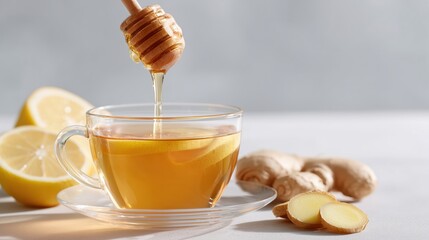 Warm ginger tea with honey and lemon served in a clear cup.
