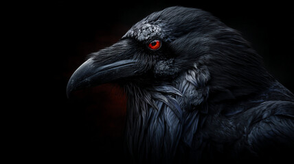 Raven with fiery red eyes and black feathers stands out against dark background, creating mysterious and intense atmosphere. detailed texture of its plumage adds depth to image