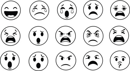 Outlined emoji face collection features laughter, tears, sadness, anger, surprise, and confusion expressions