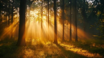 Fototapeta premium Sunbeams shining through the trees in a forest