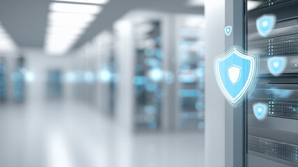 Cutting edge data center corridors guarded by luminous holographic shields.
Conveys fortified digital infrastructure and the silent vigilance of modern cybersecurity defense.