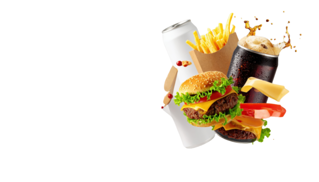 New Menu Announcement Banner Concept with Fast Food Items in mid-air on White background