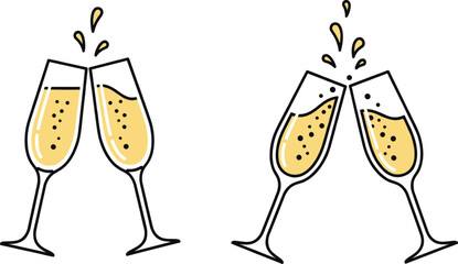 Two pairs of champagne flutes clink together, creating festive splashes on a transparent backdrop