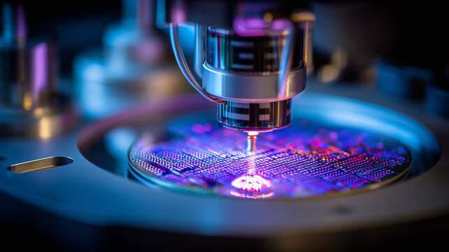 Laser inspection head scans a vibrant semiconductor wafer revealing multicolored circuitry patterns.
Depicts precision metrology underpinning next generation chip fabrication