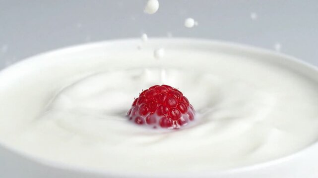 A close up of a single red raspberry sitting in a bowl of white yogurt on a white background plate